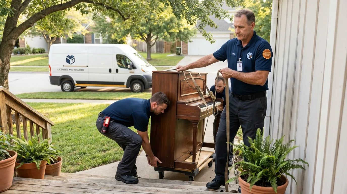 Licensed piano movers securing grand piano in Altoona, IA