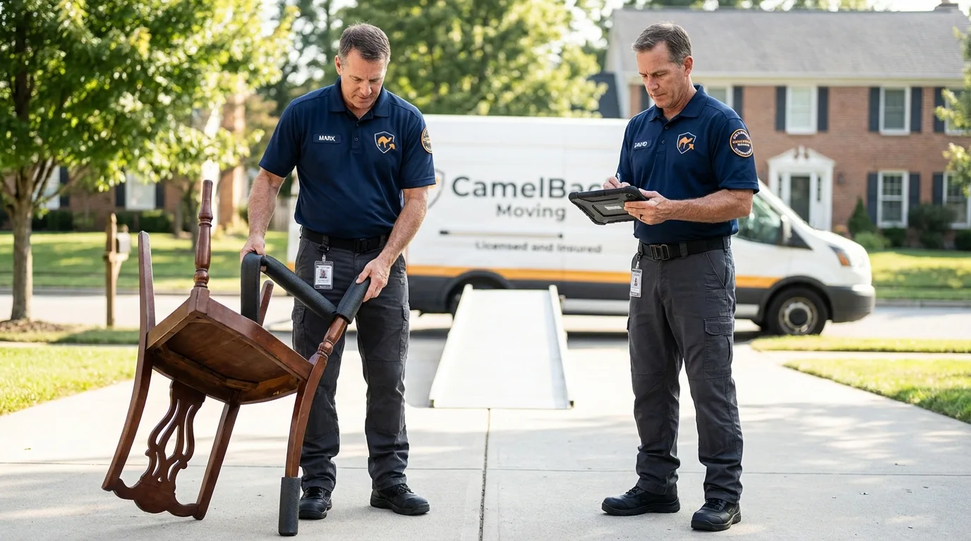 Movers inspecting furniture for damage prevention before loading in Altoona, IA