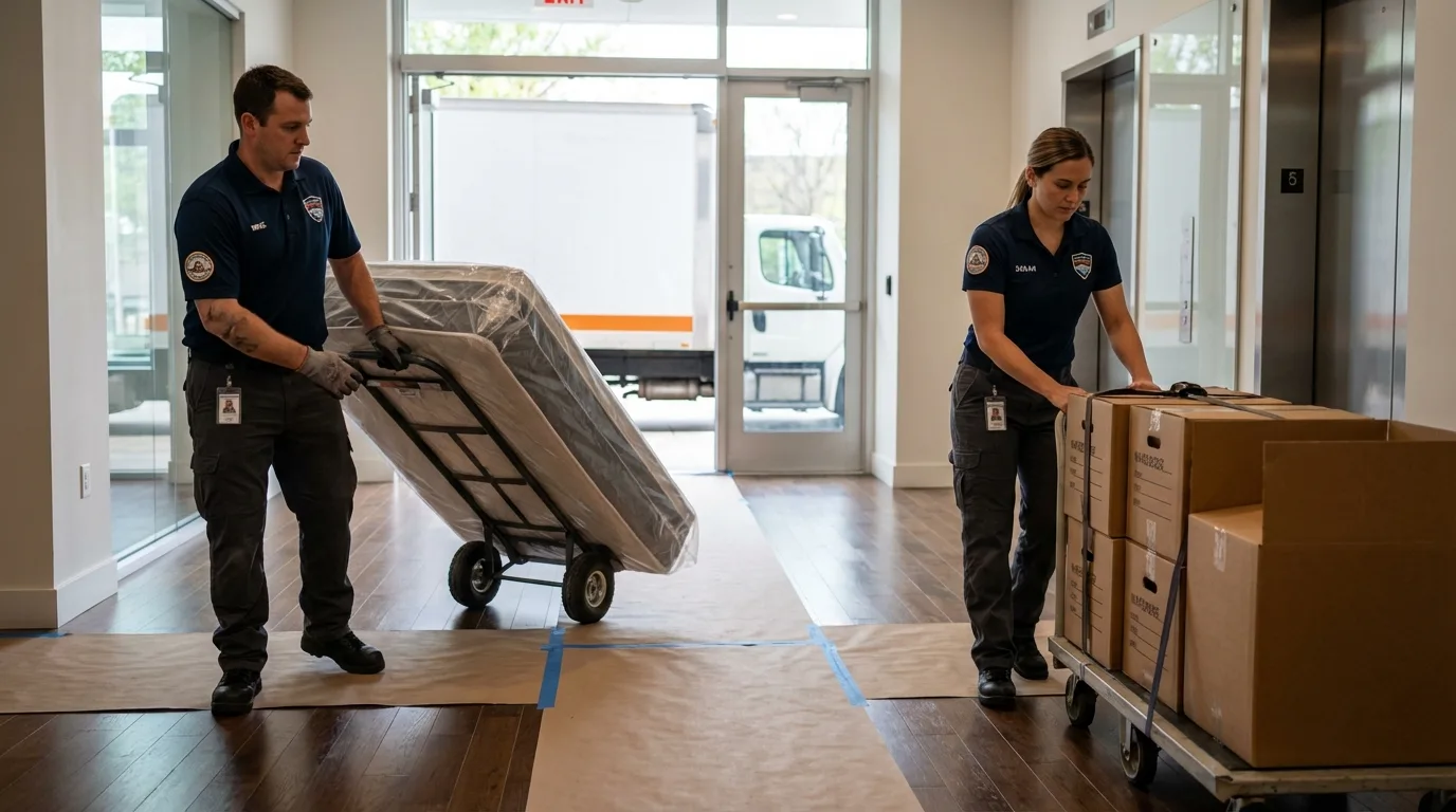 Professional apartment movers loading elevator in Altoona, IA
