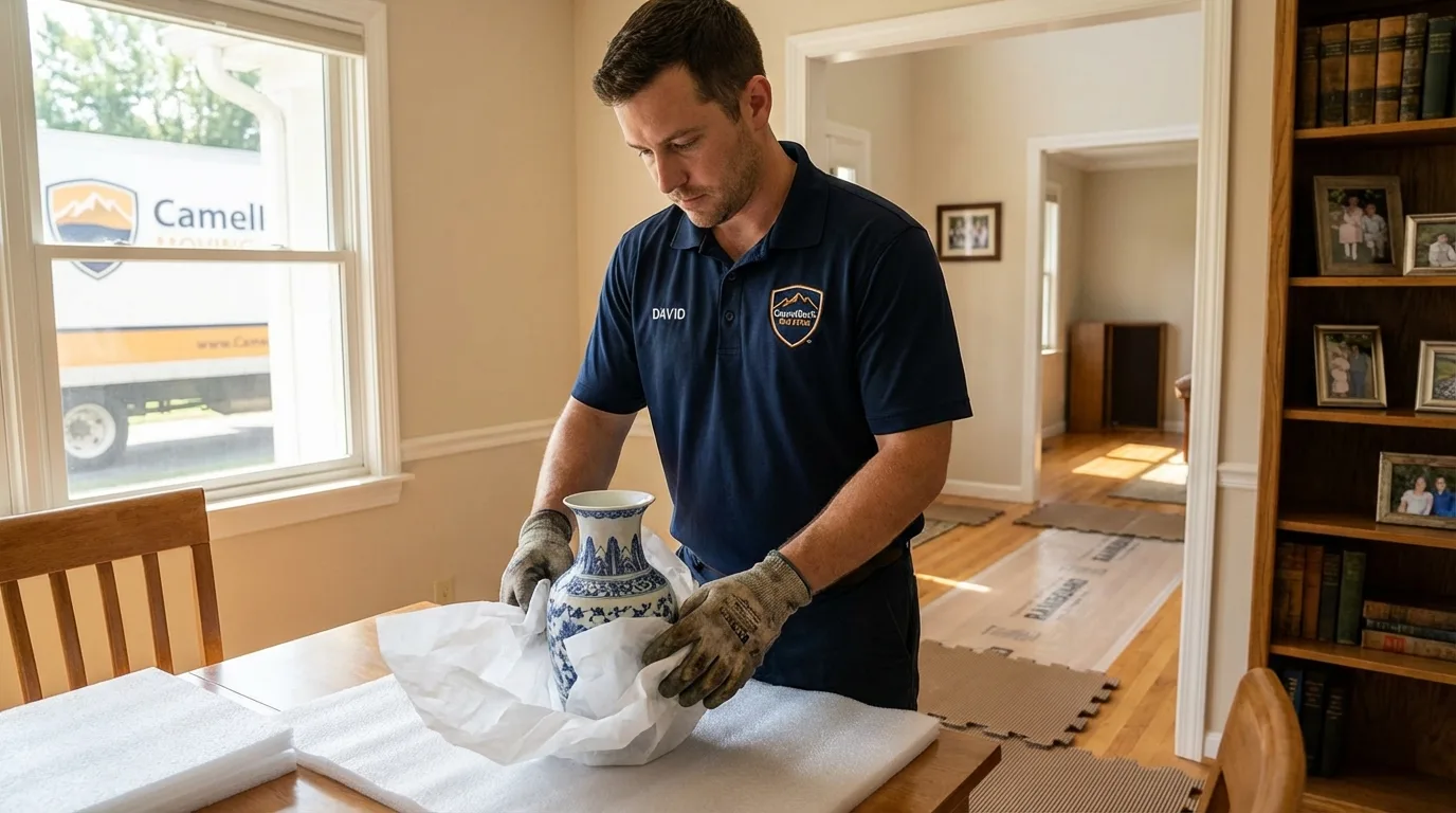 Professional crew carefully wrapping antique vase for senior downsizing move in Altoona, IA